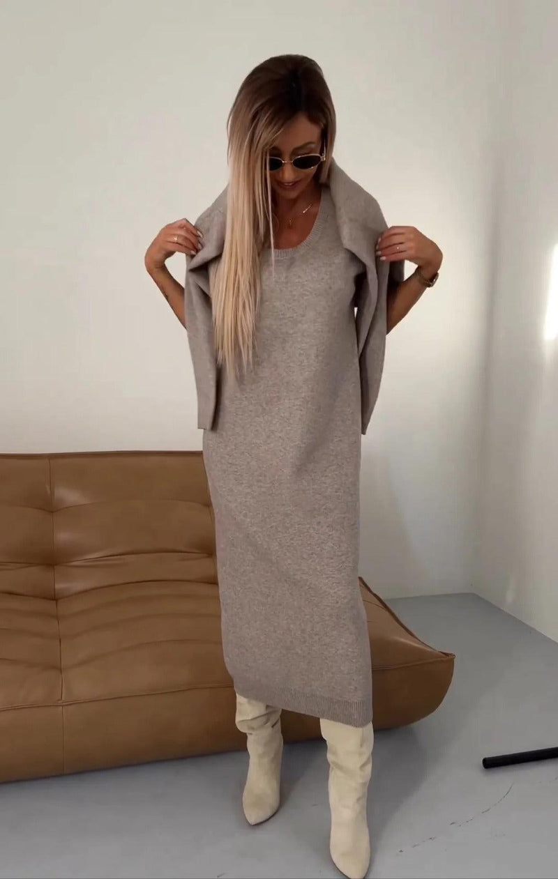 Damen Kleidungsset | 2-teilig | Kleid | Pullover | Lange Ärmel | Langer Rock-Beige-XS-Luzern Mode