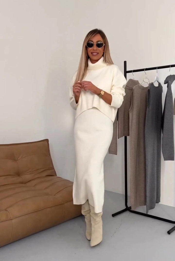 Damen Kleidungsset | 2-teilig | Kleid | Pullover | Lange Ärmel | Langer Rock-Weiß-XS-Luzern Mode