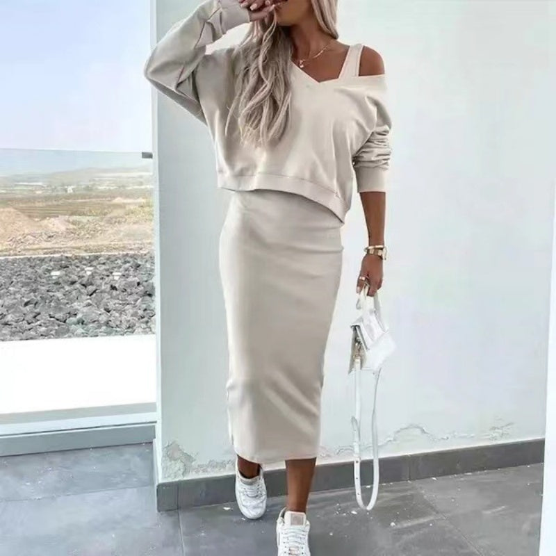 Damen Kleidungset | Kleid | Pullover | Ärmellos | Einfarbig | Enganliegend-Beige-S-Luzern Mode
