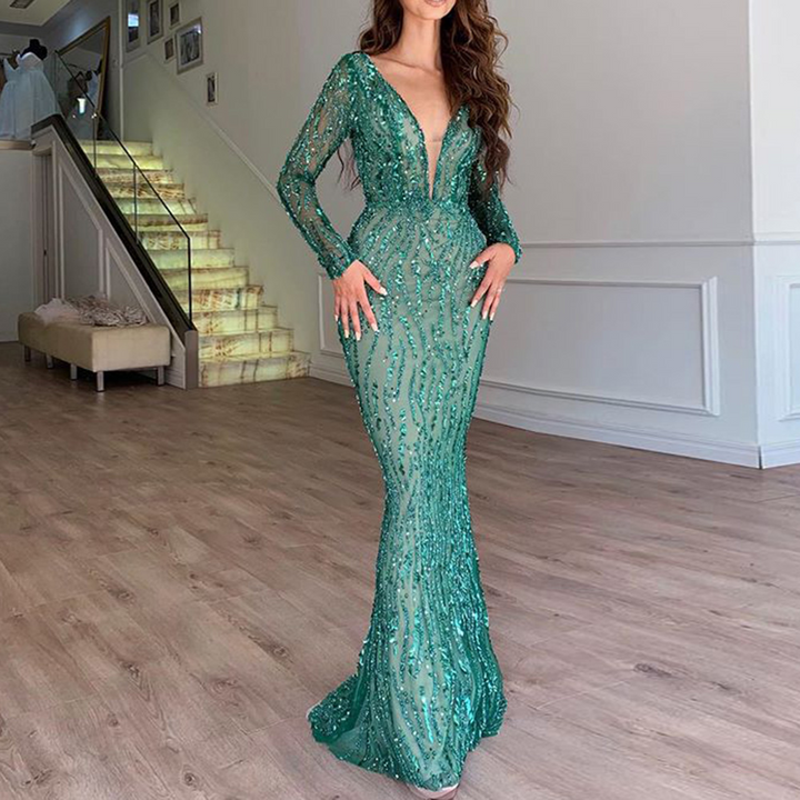 Luxuriöses Paillettenkleid mit V-Ausschnitt und langen Ärmeln-S-Luzern Mode