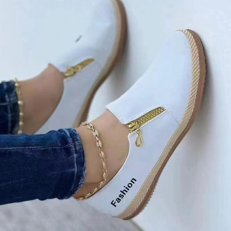 Damen Sneakers | Slip-On | Gummi Sohle | Veganes Leder | Sportlich-Weiß-35-Luzern Mode