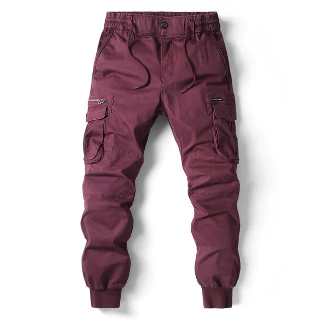 Herren Cargo Hose Baumwolle mit Taschen und Kordelzug-Bordeauxrot-29-Luzern Mode