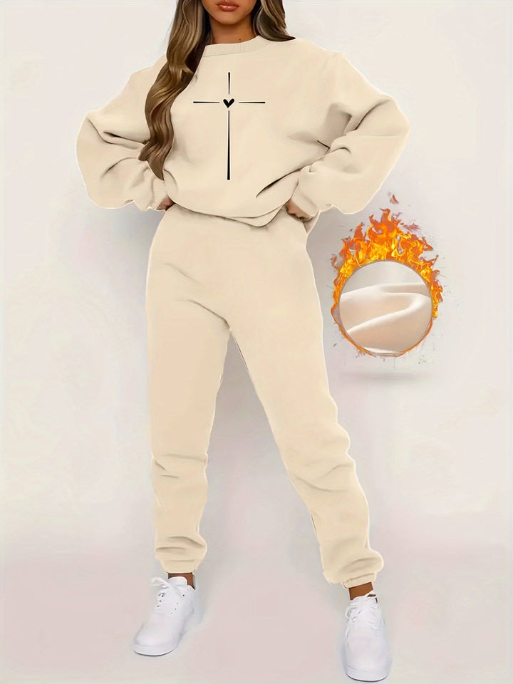 Damen Winter Warmer Jogginganzug mit Kreuzmotiv-Beige-S-Luzern Mode