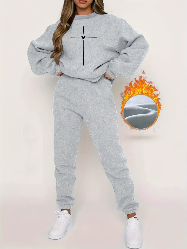 Damen Winter Warmer Jogginganzug mit Kreuzmotiv-Grau-S-Luzern Mode