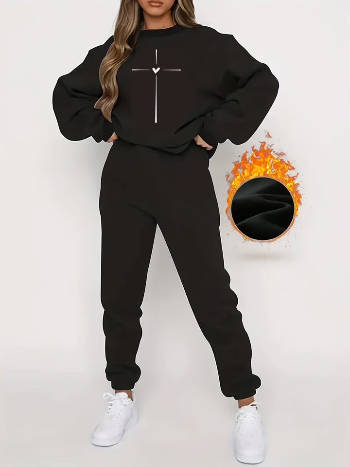 Damen Winter Warmer Jogginganzug mit Kreuzmotiv-Schwarz-S-Luzern Mode