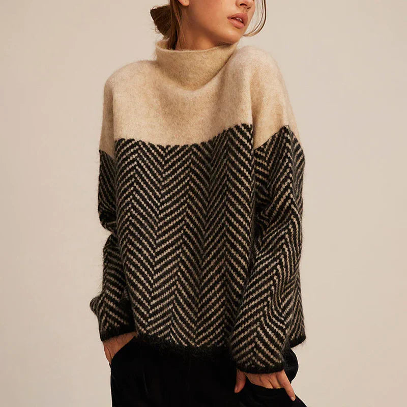 Oversized Damen Rollkragenpullover aus Wolle mit Zickzackmuster-Beige-S-Luzern Mode