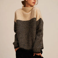 Oversized Damen Rollkragenpullover aus Wolle mit Zickzackmuster-Beige-S-Luzern Mode