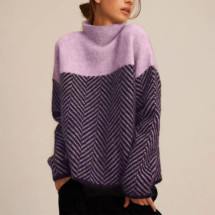 Oversized Damen Rollkragenpullover aus Wolle mit Zickzackmuster-Lila-S-Luzern Mode