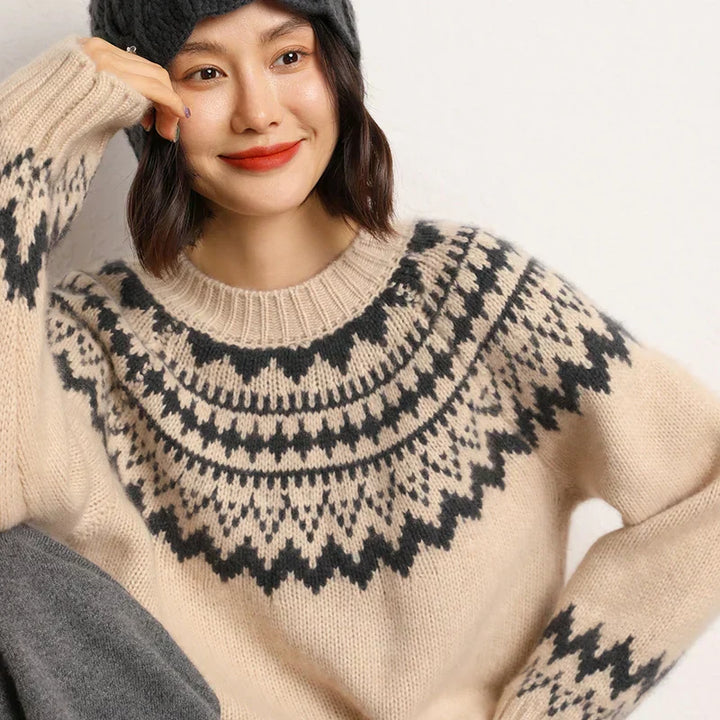 Norwegerpullover Damen Strickpullover Wintermode Skandinavisch-Beige-S-Luzern Mode