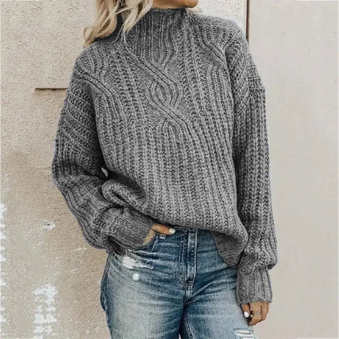 Damen Strickpullover Wintermode Grobstrick Rollkragen-Grau-One Size-Luzern Mode