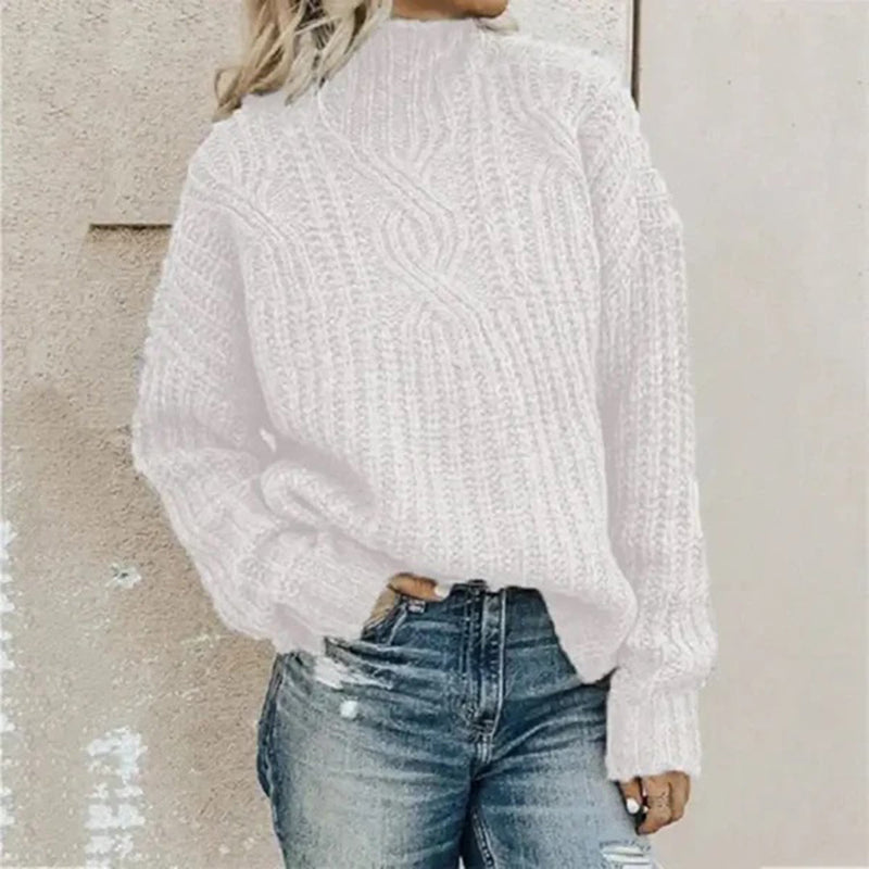Damen Strickpullover Wintermode Grobstrick Rollkragen-Weiß-One Size-Luzern Mode