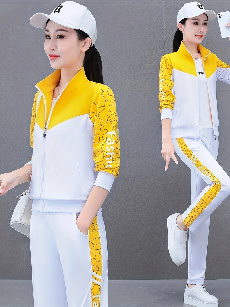 Damen Sportanzug mit Print und Reißverschlussjacke-Gelb - Weiß-M-Luzern Mode