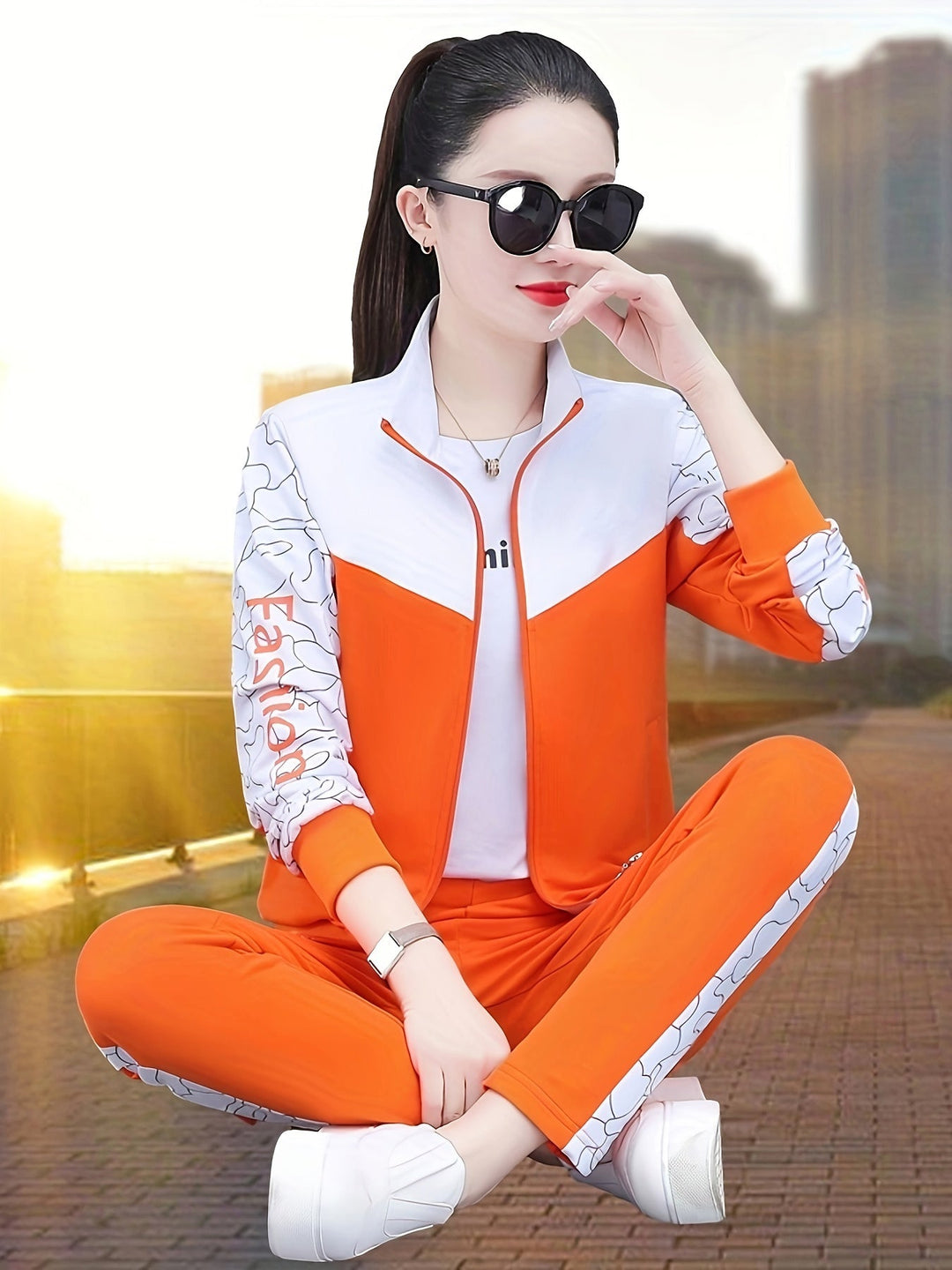 Damen Sportanzug mit Print und Reißverschlussjacke-Orange - Orange-M-Luzern Mode