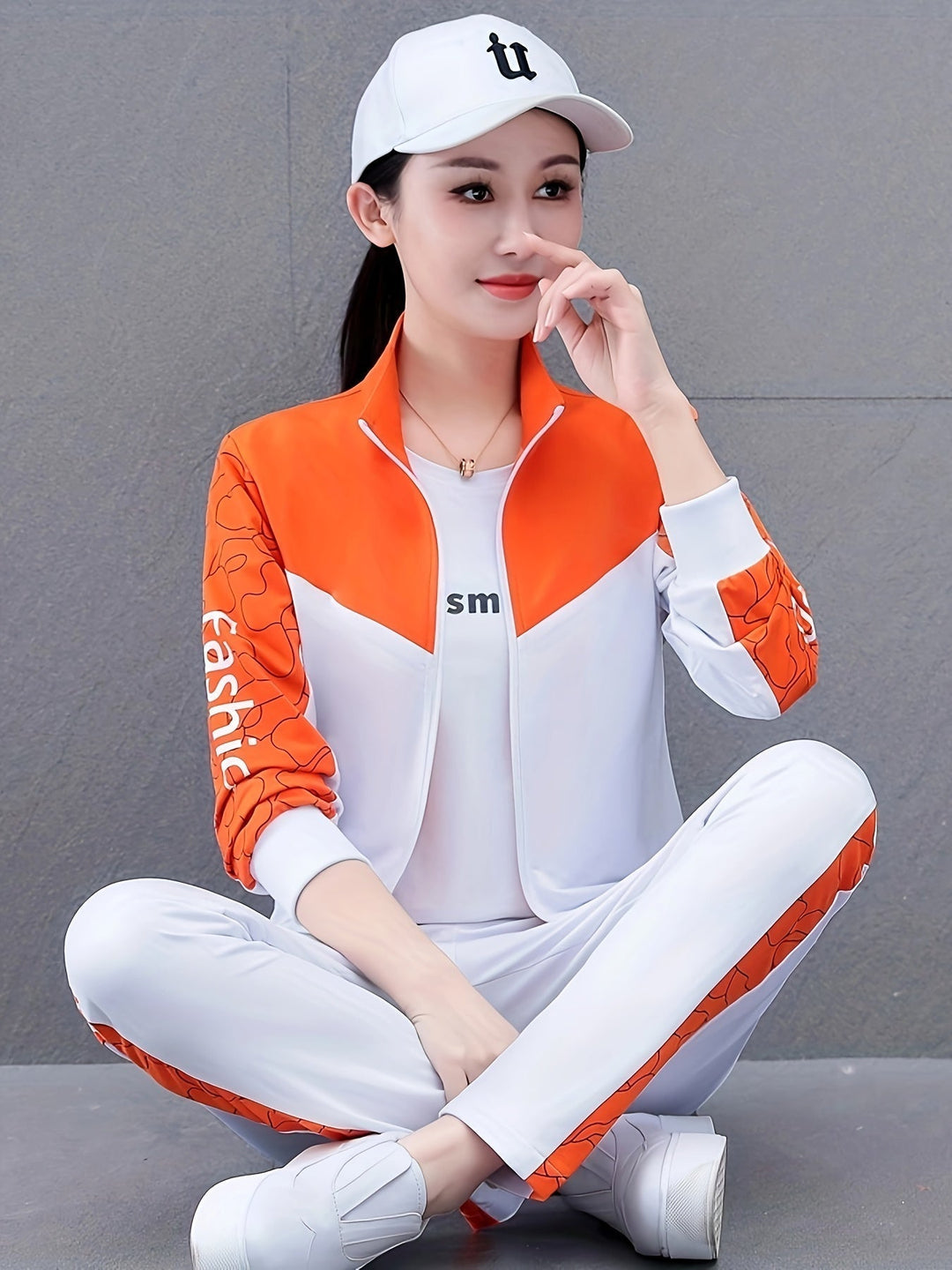 Damen Sportanzug mit Print und Reißverschlussjacke-Orange - Weiß-M-Luzern Mode