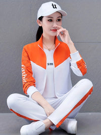 Damen Sportanzug mit Print und Reißverschlussjacke-Orange - Weiß-M-Luzern Mode