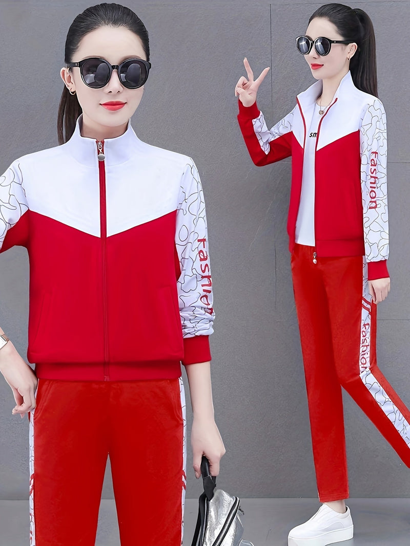 Damen Sportanzug mit Print und Reißverschlussjacke-Rot - Rot-M-Luzern Mode