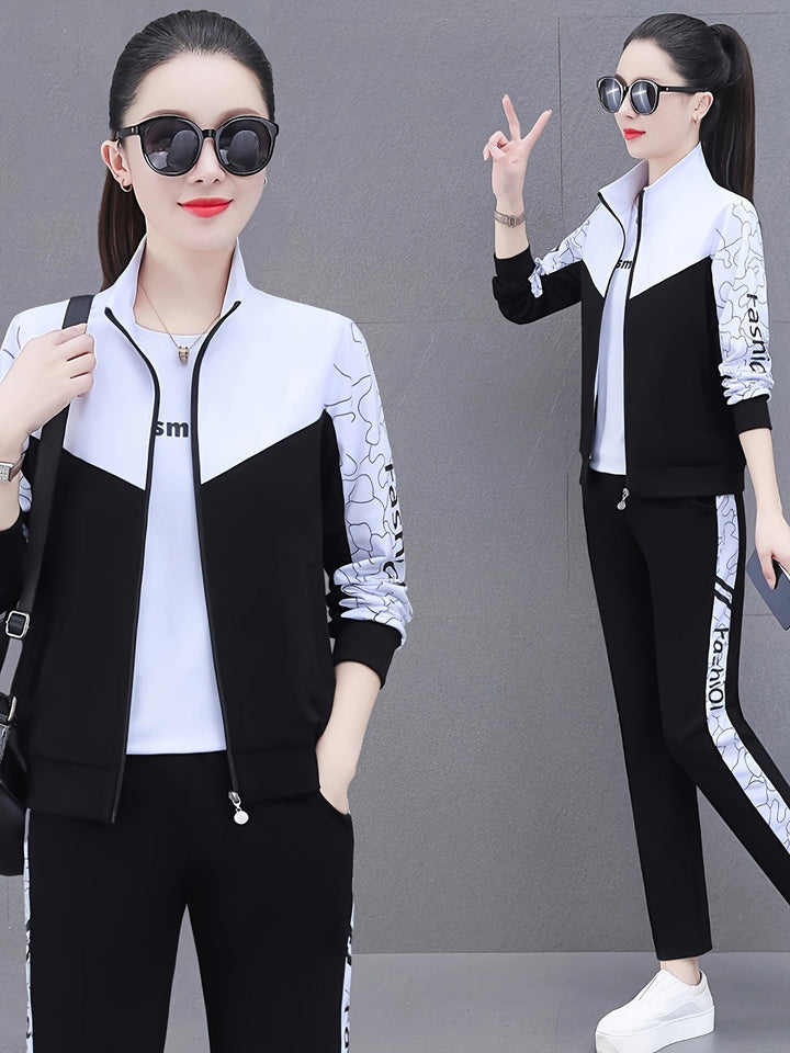 Damen Sportanzug mit Print und Reißverschlussjacke-Schwarz - Schwarz-M-Luzern Mode