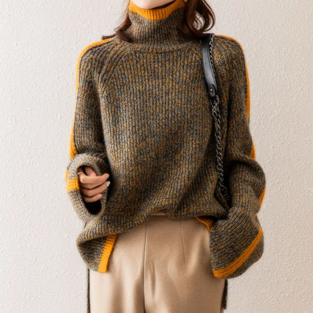 Damen Strickpullover mit Rollkragen und Ketten-Detail-Grau-M-Luzern Mode