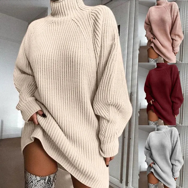 Strickkleid Damen Rollkragen Wintermode Oversize Look-Luzern Mode