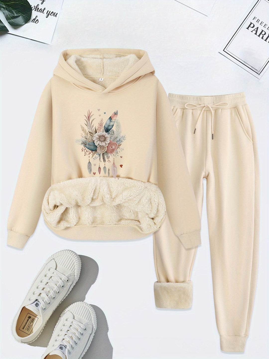 Damen Hoodie Set mit Blumenmuster und Plüschfutter-Beige-S-Luzern Mode