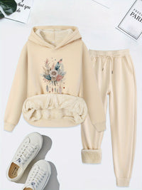 Damen Hoodie Set mit Blumenmuster und Plüschfutter-Beige-S-Luzern Mode