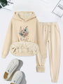 Damen Hoodie Set mit Blumenmuster und Plüschfutter-Beige-S-Luzern Mode