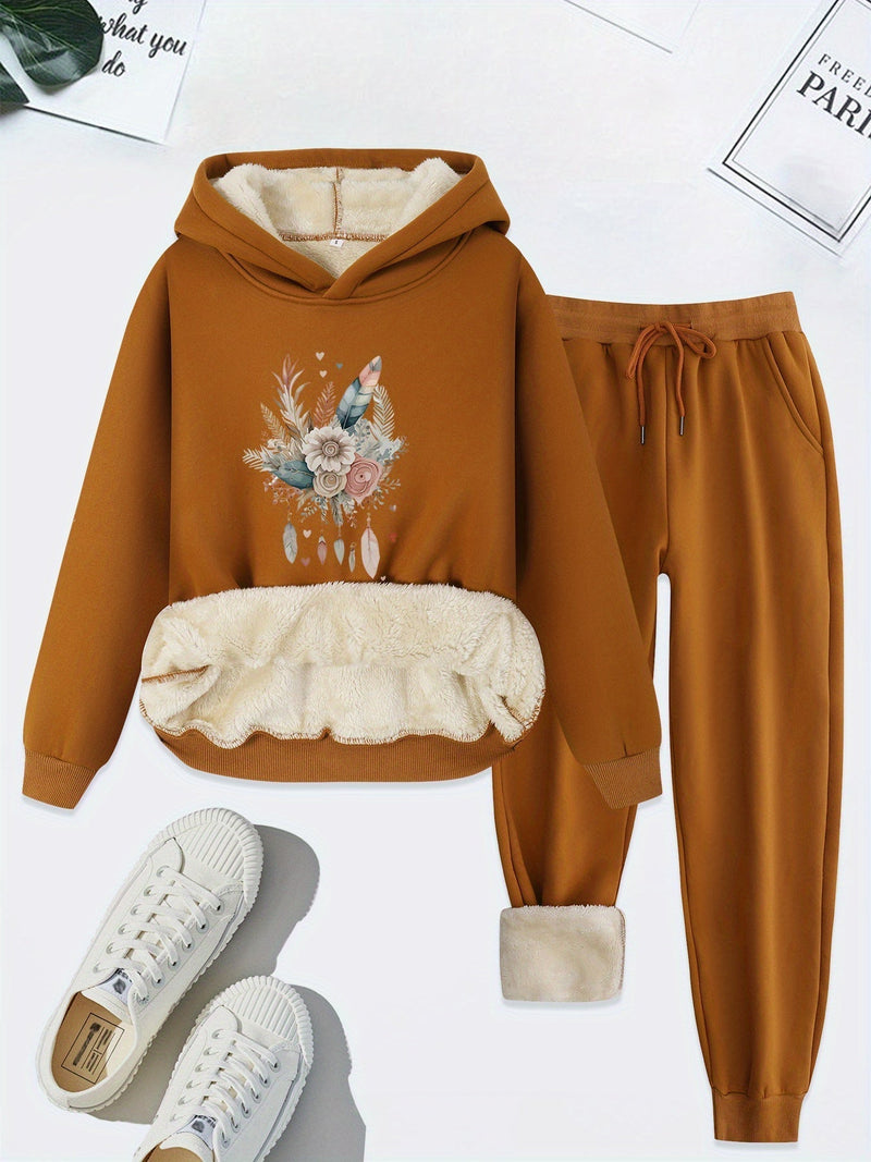 Damen Hoodie Set mit Blumenmuster und Plüschfutter-Braun-S-Luzern Mode