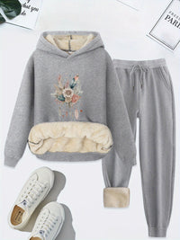 Damen Hoodie Set mit Blumenmuster und Plüschfutter-Hellgrau-S-Luzern Mode