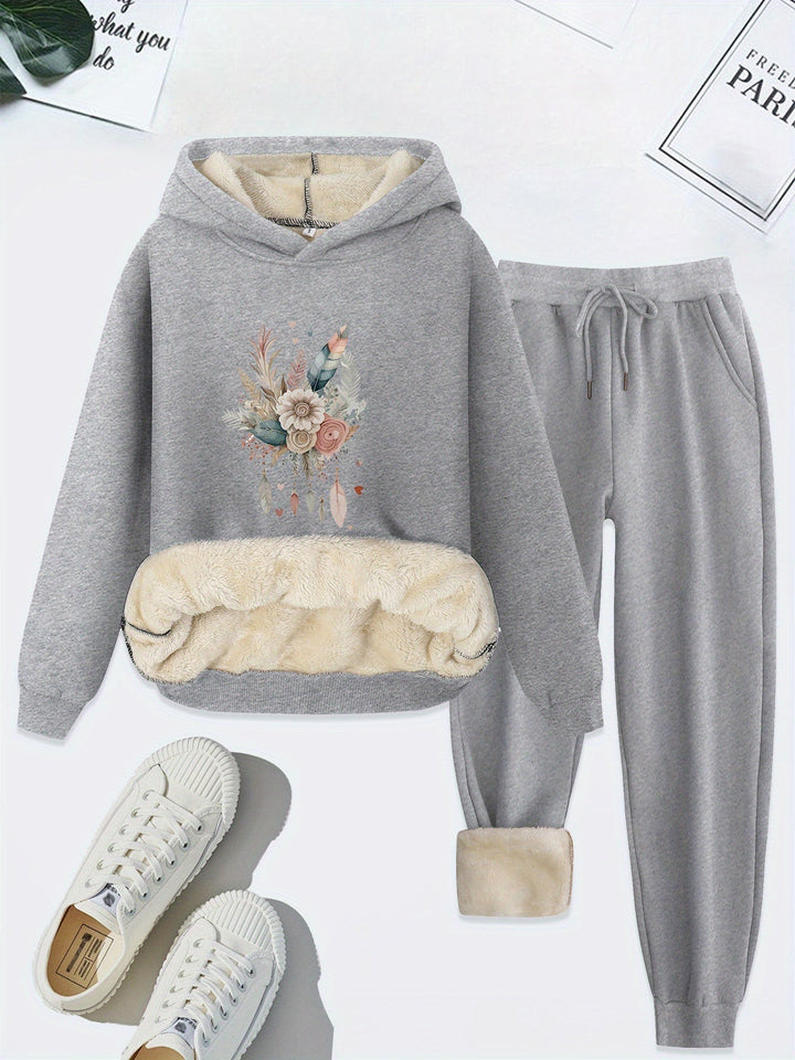 Damen Hoodie Set mit Blumenmuster und Plüschfutter-Hellgrau-S-Luzern Mode