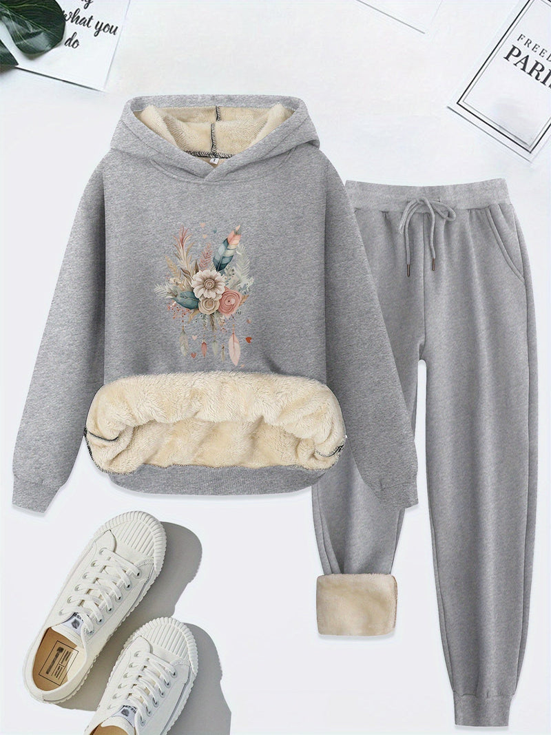 Damen Hoodie Set mit Blumenmuster und Plüschfutter-Hellgrau-S-Luzern Mode