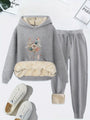 Damen Hoodie Set mit Blumenmuster und Plüschfutter-Hellgrau-S-Luzern Mode