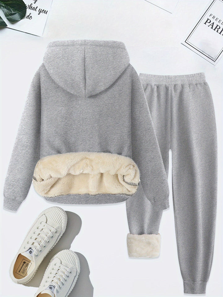 Damen Hoodie Set mit Blumenmuster und Plüschfutter-Luzern Mode