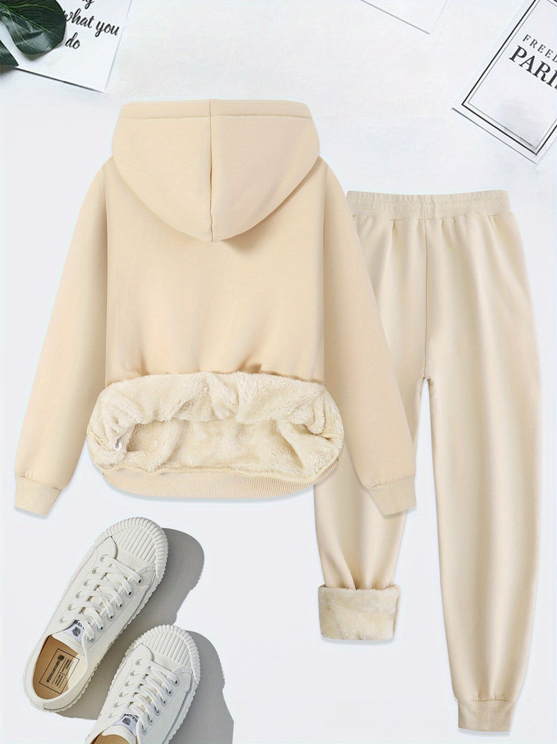 Damen Hoodie Set mit Blumenmuster und Plüschfutter-Luzern Mode