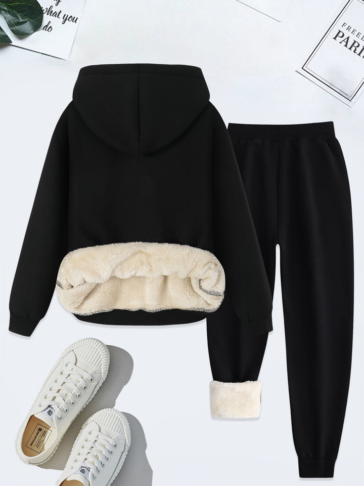 Damen Hoodie Set mit Blumenmuster und Plüschfutter-Luzern Mode