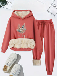 Damen Hoodie Set mit Blumenmuster und Plüschfutter-Rosa-S-Luzern Mode