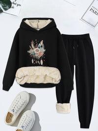 Damen Hoodie Set mit Blumenmuster und Plüschfutter-Schwarz-S-Luzern Mode
