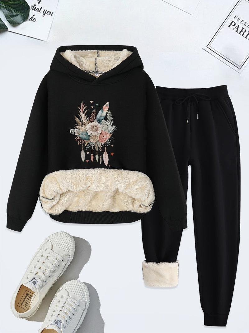 Damen Hoodie Set mit Blumenmuster und Plüschfutter-Schwarz-S-Luzern Mode