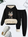 Damen Hoodie Set mit Blumenmuster und Plüschfutter-Schwarz-S-Luzern Mode