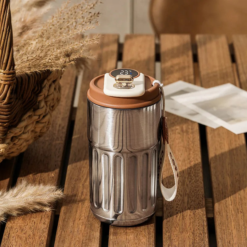 Thermobecher | Doppelwandig Vielseitig 500ML Kompakt LED-Anzeige-Silber Braun-Luzern Mode