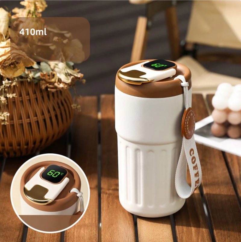 Thermobecher | Doppelwandig Vielseitig 500ML Kompakt LED-Anzeige-Weiß Braun-Luzern Mode
