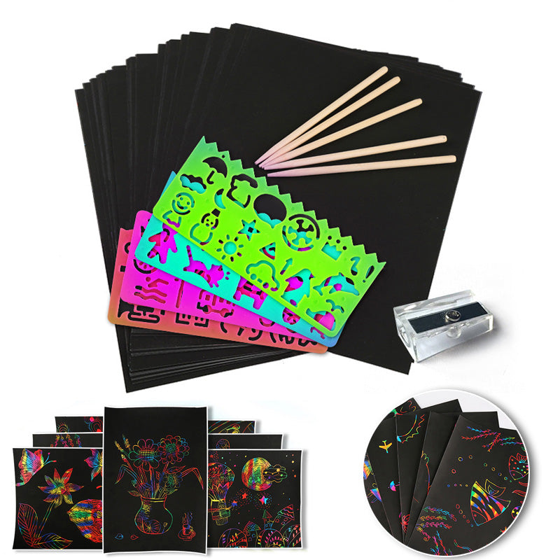 Kratzkartenset | Regenbogen Kreatives Kratzen Vielseitig Vielfältig-50× Papier + 4× Kartenformen + 5 Zauberstifte + 1× Pinsel und Bleistiftspitzer-Luzern Mode