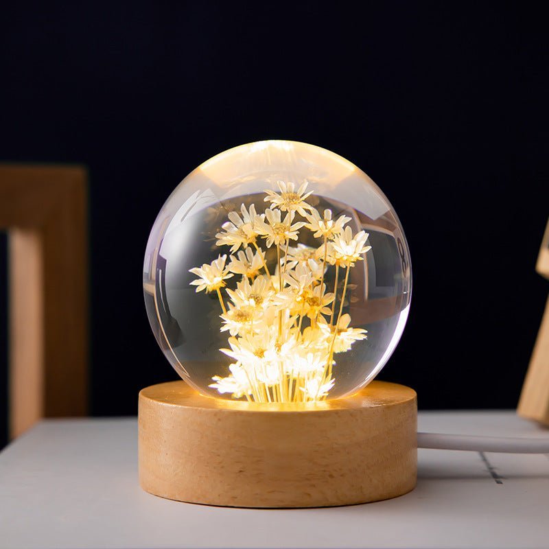 Kristallkugel Lampe | Blumen | Ewigkeit | 6 CM | USB | Beruhigend-Gelbe Gänseblümchen-Luzern Mode