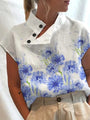 Damenbluse | Knöpfe | Kurze Ärmel | Print | Rundhalsausschnitt-Blaue Blumen-S-Luzern Mode