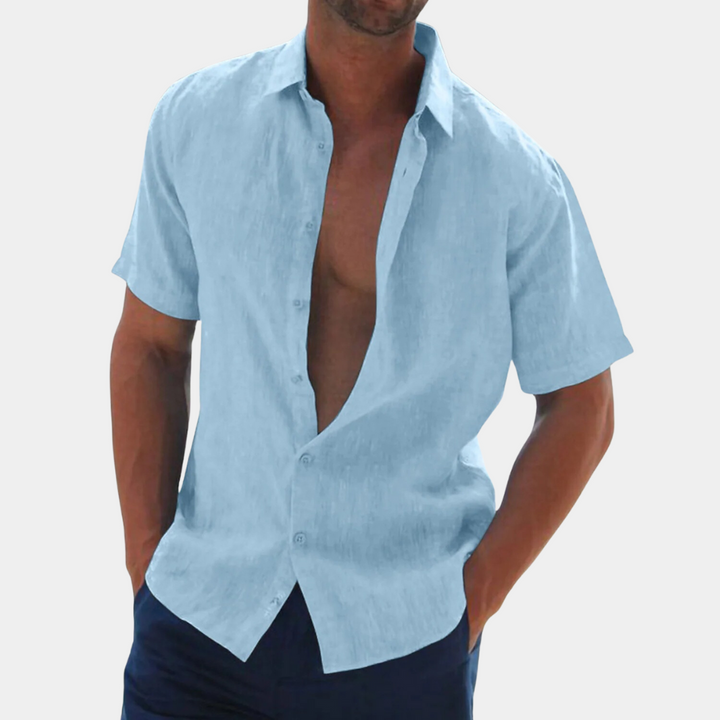 Herren Leinenhemd Kurzarm Sommermode Freizeitlook-Himmelblau-S-Luzern Mode