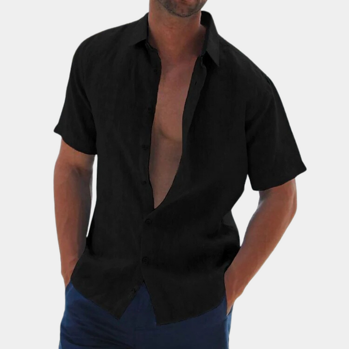 Herren Leinenhemd Kurzarm Sommermode Freizeitlook-Schwarz-S-Luzern Mode