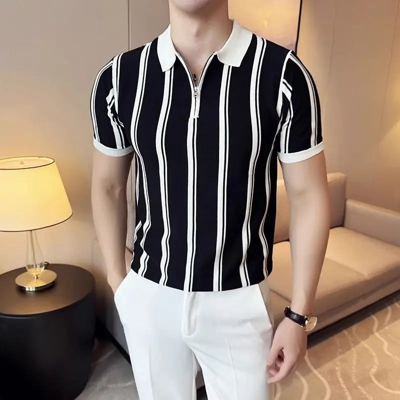 Herren Poloshirt | Kurzarm | Reißverschluss | Gestreift | Regular Fit-Schwarz-S-Luzern Mode