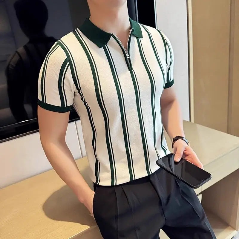 Herren Poloshirt | Kurzarm | Reißverschluss | Gestreift | Regular Fit-Weiß-S-Luzern Mode