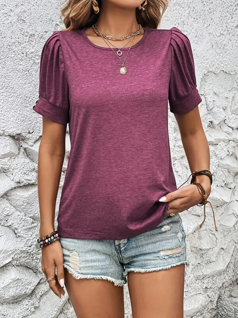 Damen Sommer T-Shirt mit Puffärmeln und Rundhalsausschnitt-Luzern Mode
