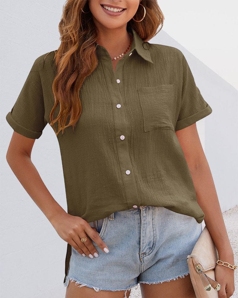 Damen Sommerbluse Kurzarm mit Knopfleiste und Tasche-Olivgrün-S-Luzern Mode