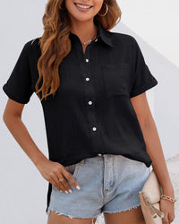 Damen Sommerbluse Kurzarm mit Knopfleiste und Tasche-Schwarz-S-Luzern Mode